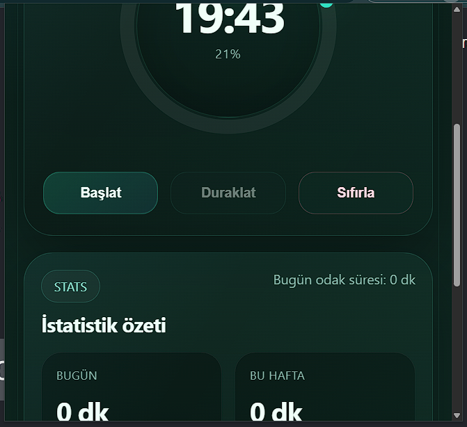 Pomodoro istatistik özeti ekranı